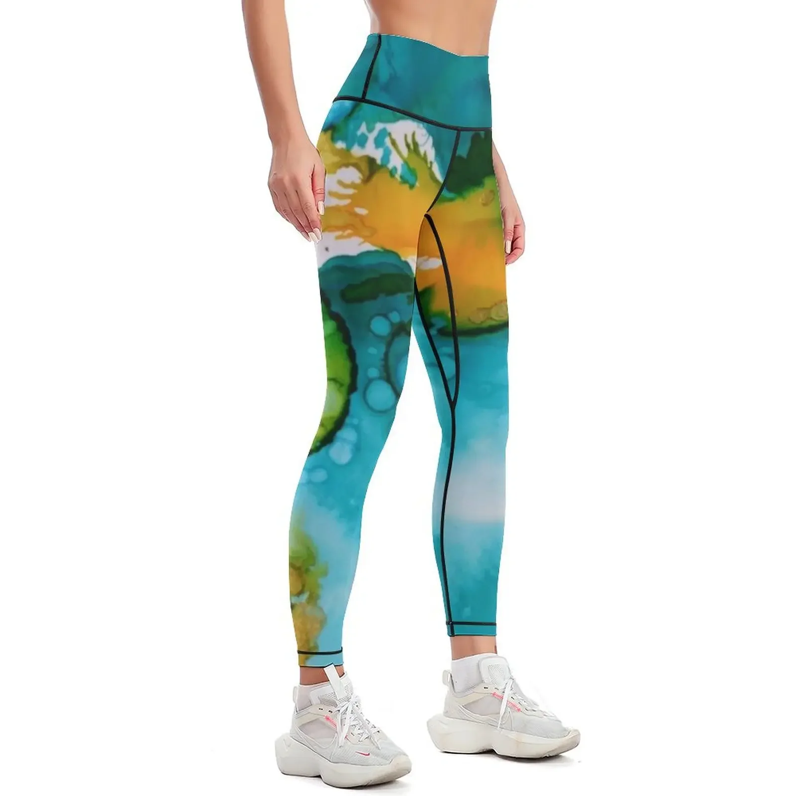 Blue, yellow and green abstract Leggings sporty woman push up Women's sportswear Fitness clothing high waist Womens Leggings