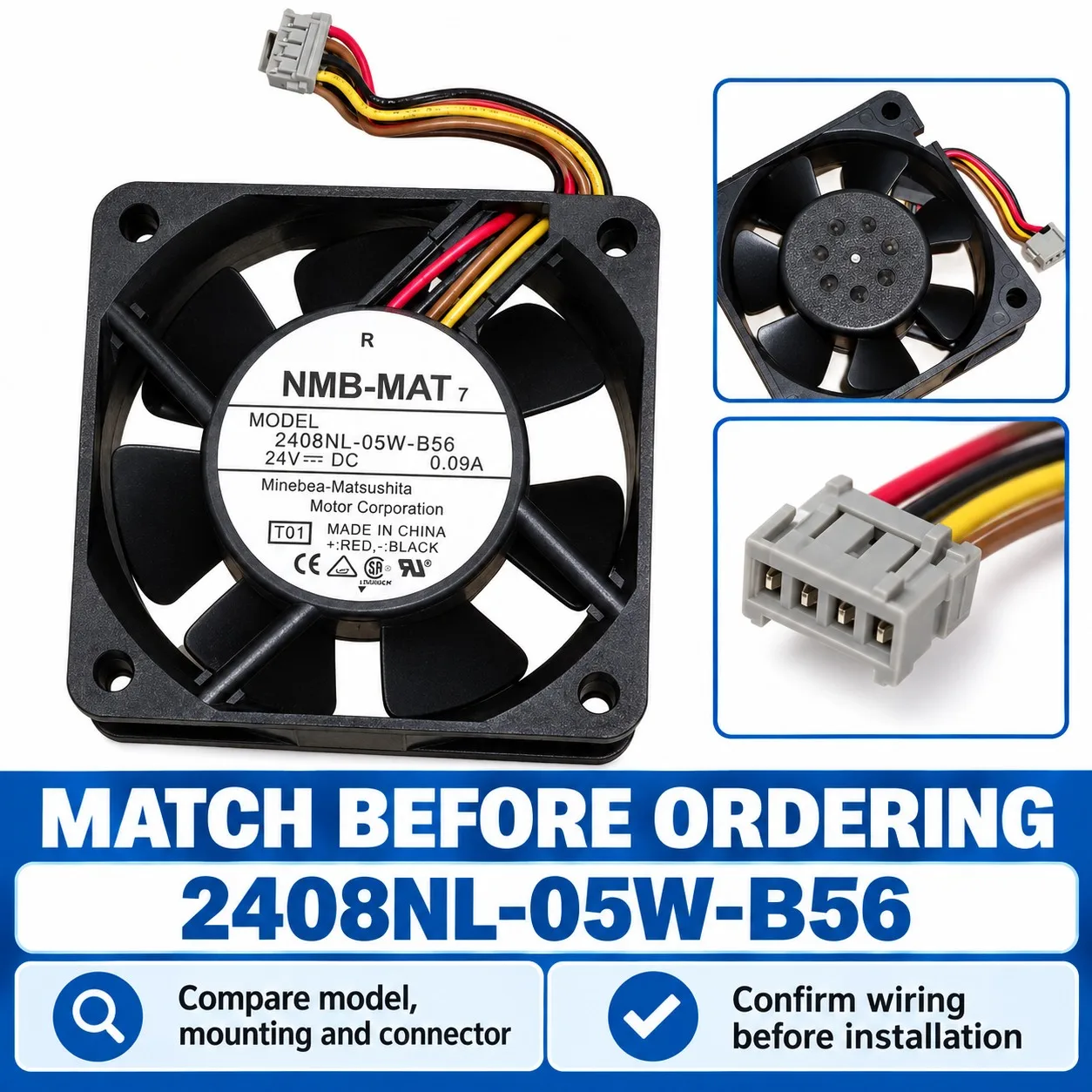 2408NL-05W-B56 Axial Cooling Fan 60x60x20mm 6020 24V 0.09A PWM Tachometer 4-Wire for NMB