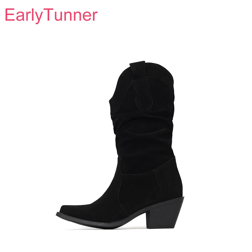 2026 Winter Comfortable Women Mid Calf Slouch Boots 6cm High Chunky Heels Lady Shoes Large Small Plus Size 11 33 43 45