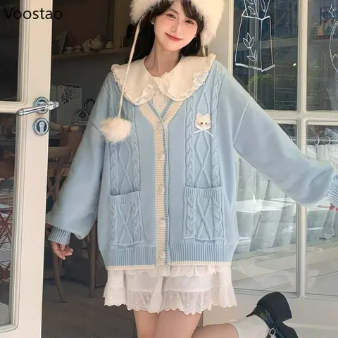 เสื้อสเวตเตอร์ถักลายแมวการ์ตูน คอวี สไตล์ลำลอง สำหรับฤดูใบไม้ร่วง ผู้หญิง น่ารัก สไตล์ญี่ปุ่น คาวาอิ โลลิต้า ทรงหลวม