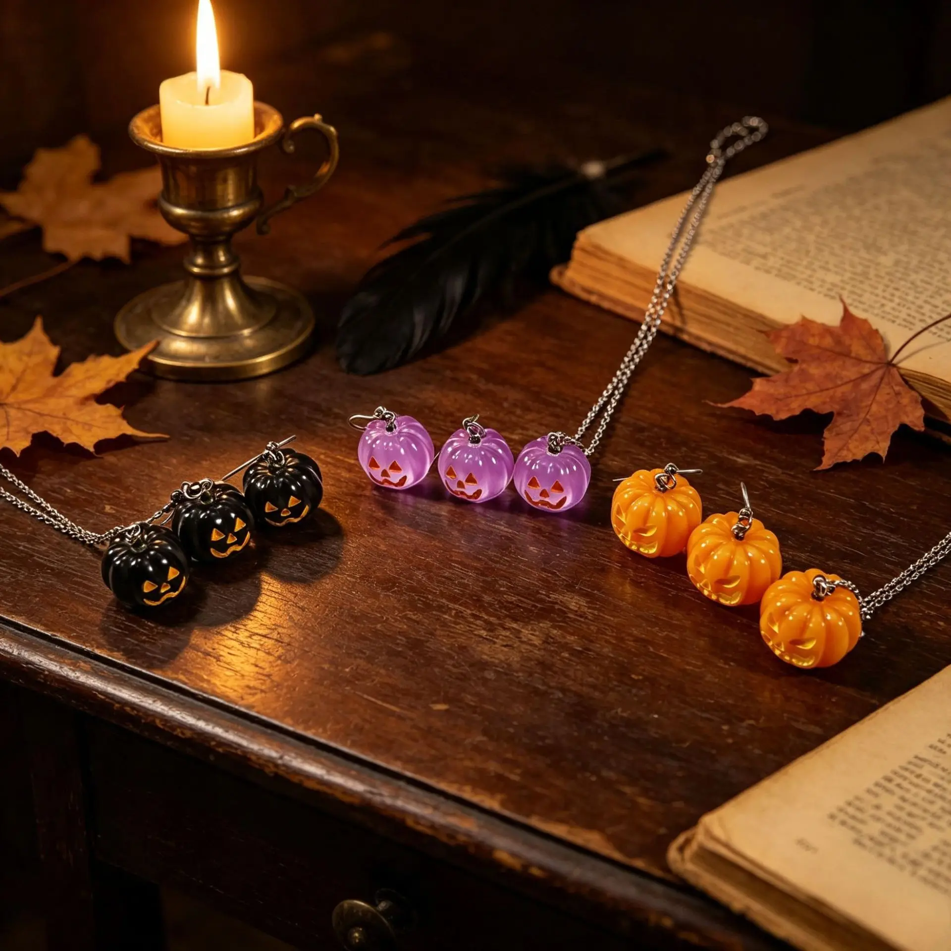 Horror Bizarre Luminous Resin Pumpkin Earrings and Necklace Set Women Jewelry Cartoon Creative Fashion Jewelry Party Halloween