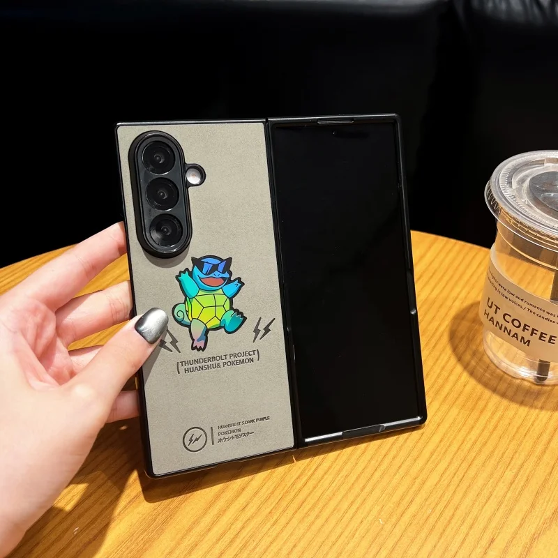 

Anti-fur Cute Anime cartoon P-Pokemon S-Squirtle Laser Suede Soft leather Folding Case For Samsung ZFold 4 5 6 7Anti-Fall Cover
