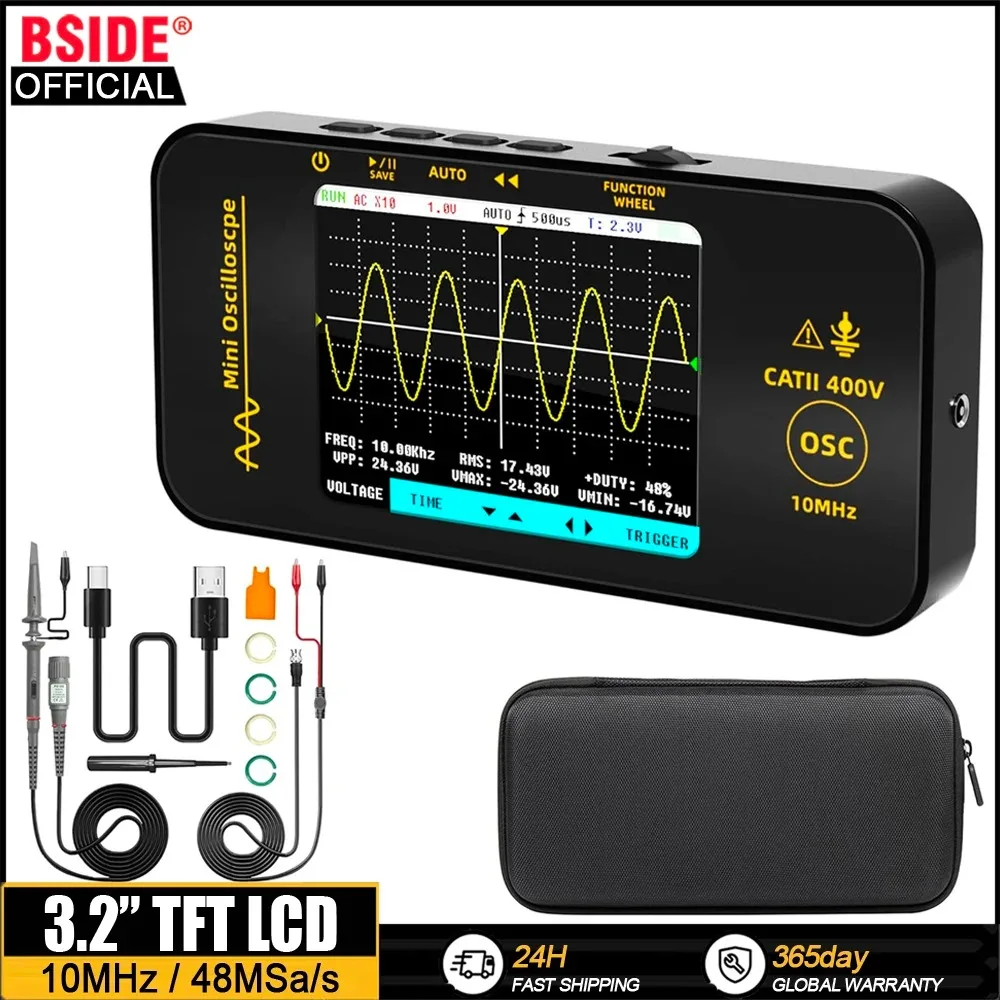 

BSIDE OT3 Handheld Oscilloscope 3.2” TFT LCD Digital Scope Tester 10MHz/48MSa/s Potable Automotive Auto/Nomal/Single Trigger