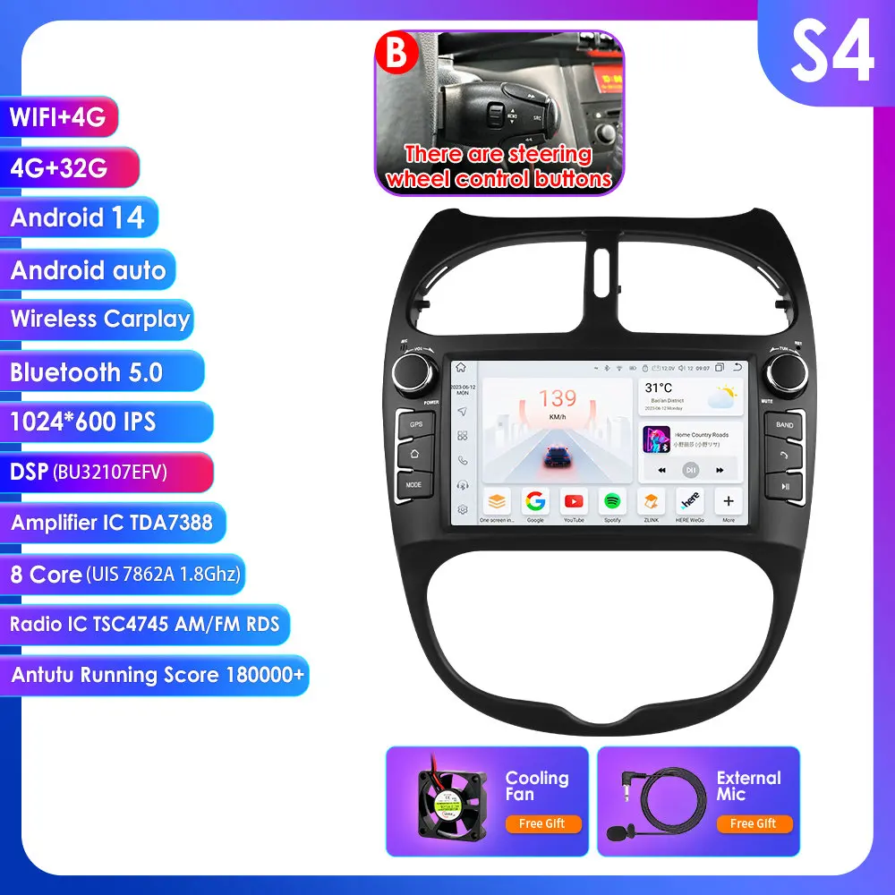 Voor Peugeot 206 2001-2008 Autoradio Multimedia Video Player Navigatie GPS 4G Carplay Android 14 AutoRadio stereo 7 ''Hoofd Unit