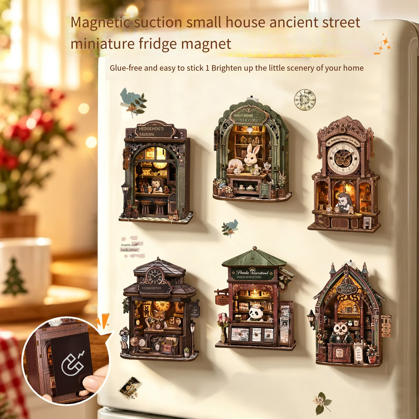 DIY Miniature House Fridge Magnet Kit, Wooden Micro Landscape Model, Vintage Old Street Dollhouse, Handmade Assembly Craft
