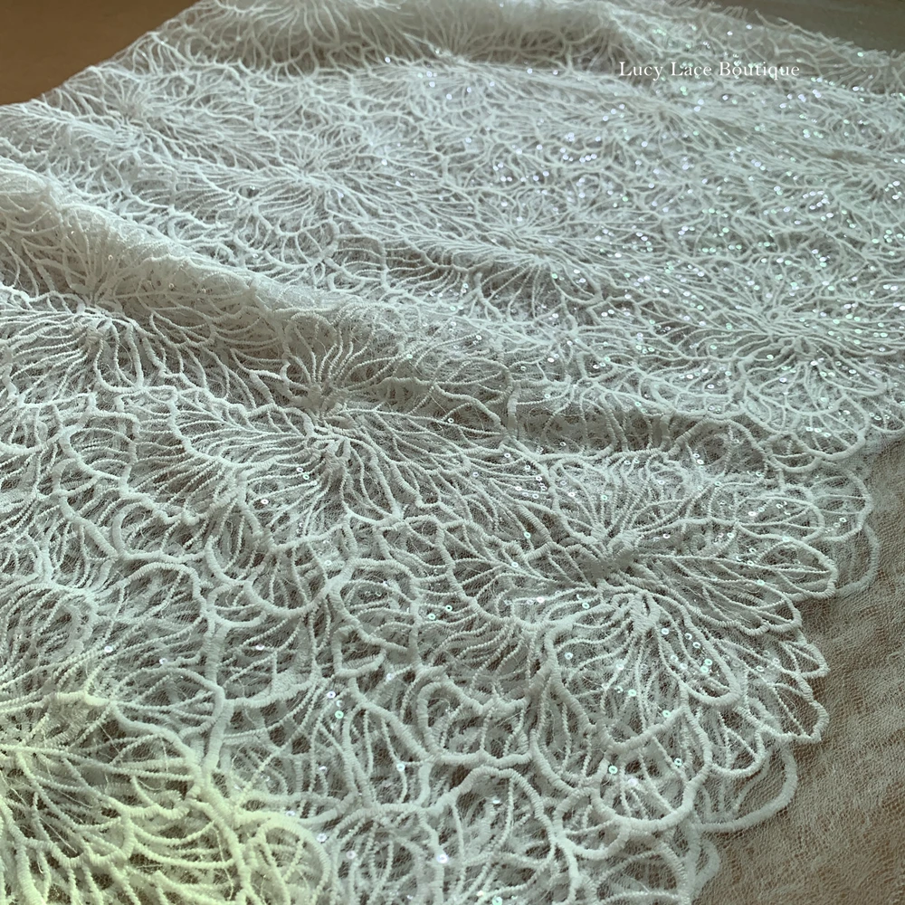 Off White Allover Rose Flowers Lace Fabric Sequined Shiny 1 Yard Milk Silk Embroidey Women Dress Lace Clothing DIY Lace Fabric