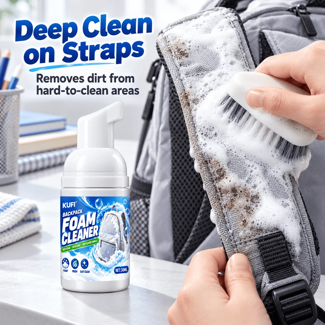 Backpack Cleaner Foam, No-Wash Stubborn Stain Remover, Wipe Dry Won't Fade Fabric, Kids Travel Backpack Spot Clean