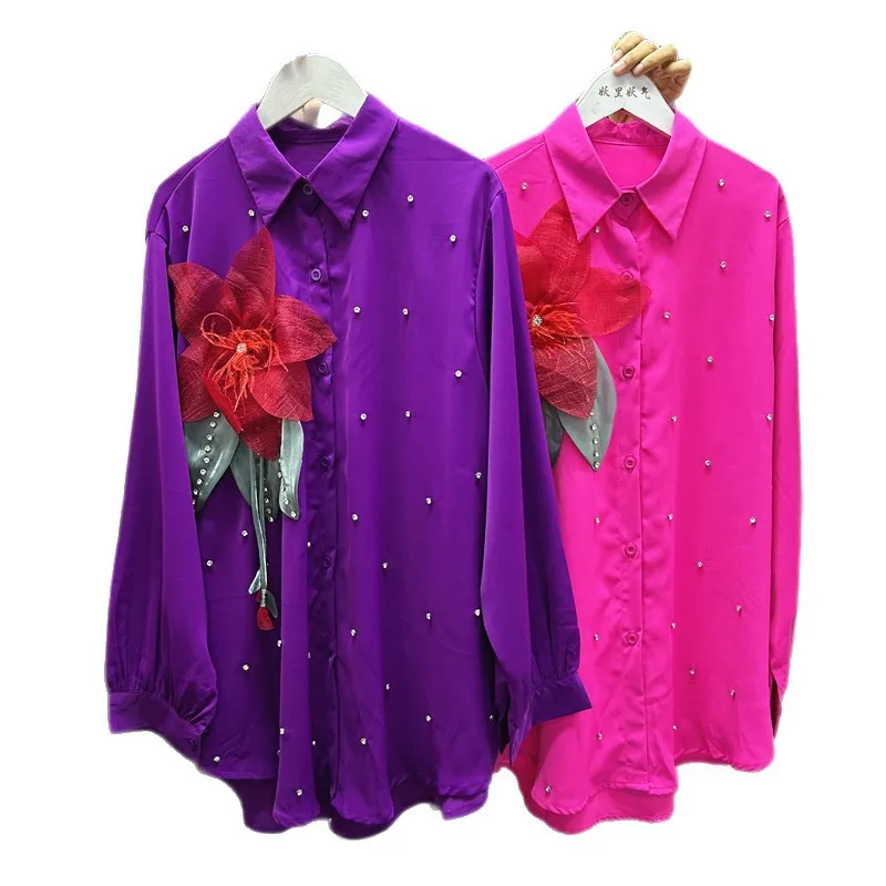 Trójwymiarowe Kwiaty Diamenty Kardigany Top Damski Jednorzędowy Luźny Długi Rękaw Bluzki Eleganckie Codzienne Koszule Damskie