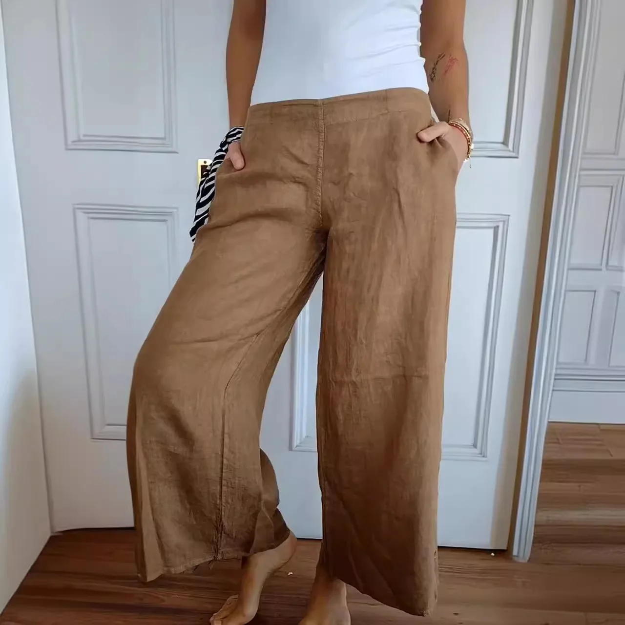Summer New Women's Clothing Solid Color Cotton And Linen Elastic Button Loose Casual Wide-leg Women's Trousers