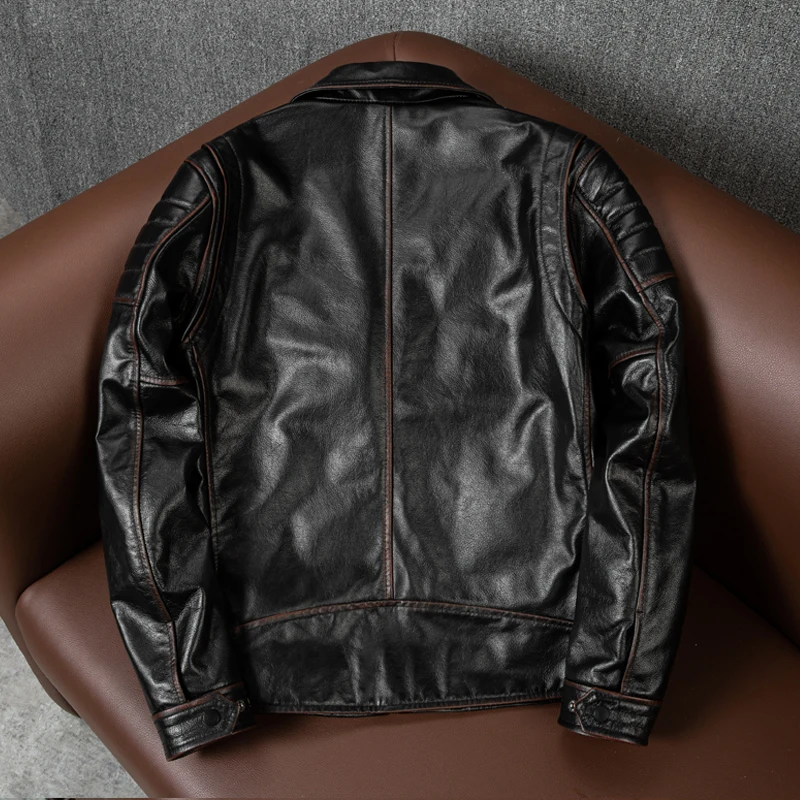 Hand-Made Old First Layer Cowhide Winter Men's Made of Genuine Leather Jacket for Men Motorcycle Real Leather Coat Clothes Pilot