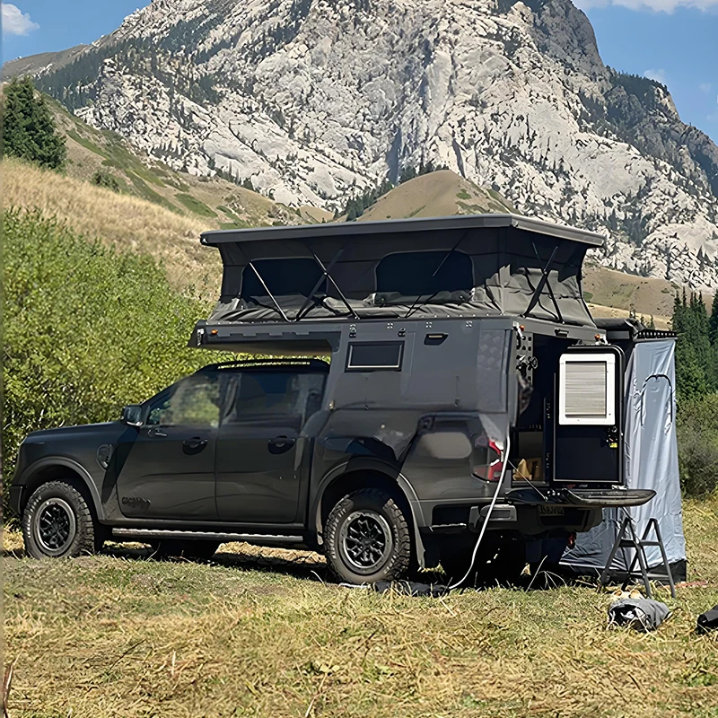 All Season Truck Camper Shell with Expandable Tent Cabin for Family Camping Overlanding and Road Trips