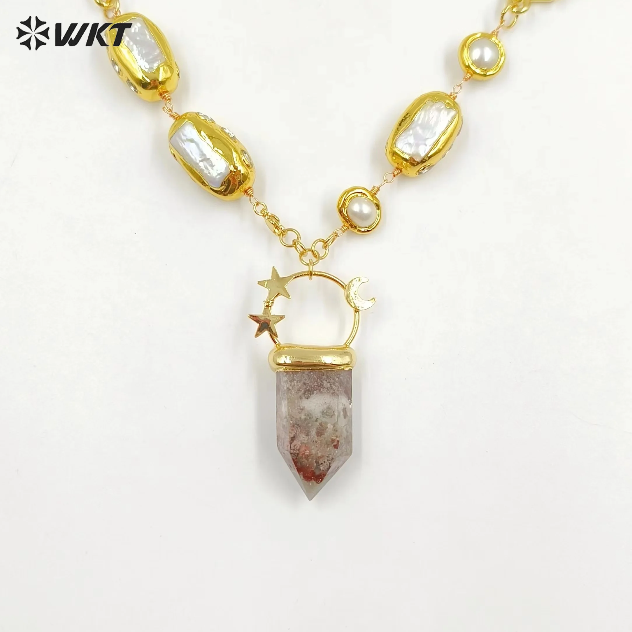 WT-JN255 Amazing WKT Unique Healing Energy Healing Quartz Stone With Real Pearl Beads Precious Pendant Necklace In 19 Inch  Long