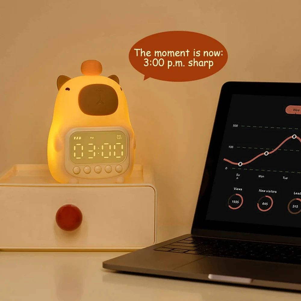 Capybara Night Light Children Alarm Clock Night Lamp Stepless Dimming Cute Desktop Table Clock Bedroom Bedside LED Alarm Clock