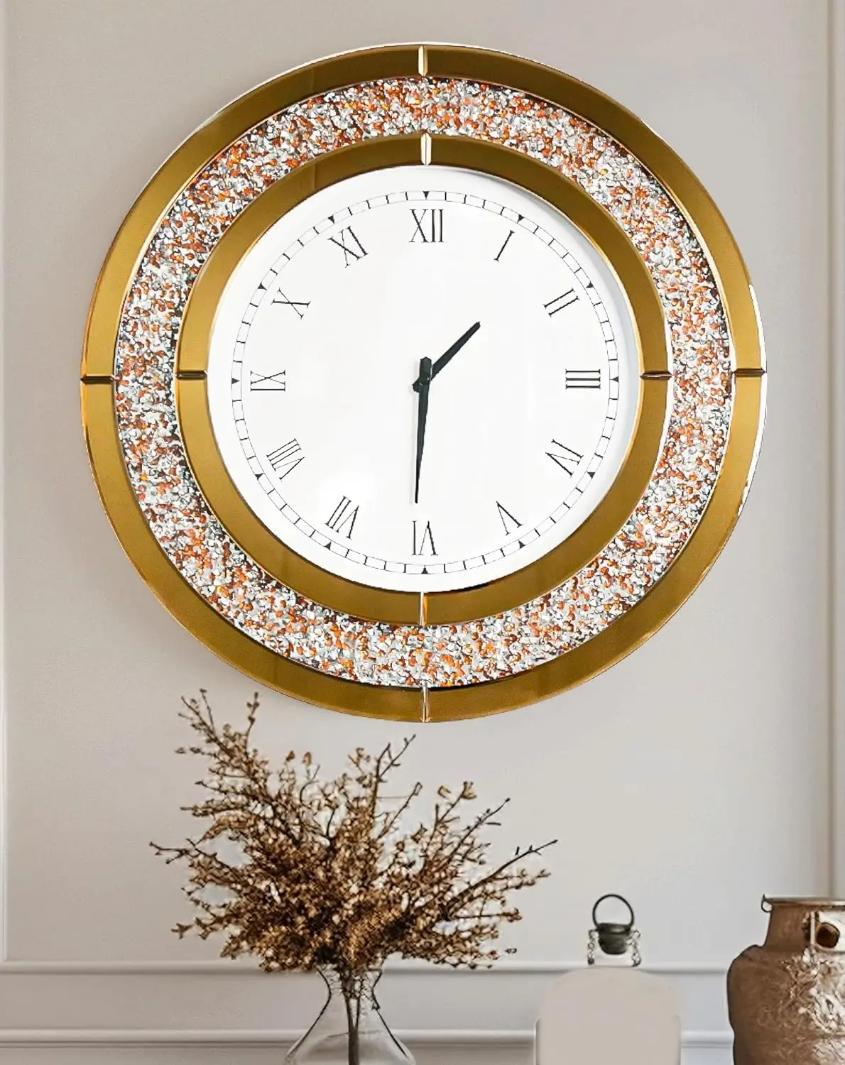 Crushed Diamond Wall Clock Round Decorative Mirrored Clock 24 inch Brown living room decoration clocks wall home decor