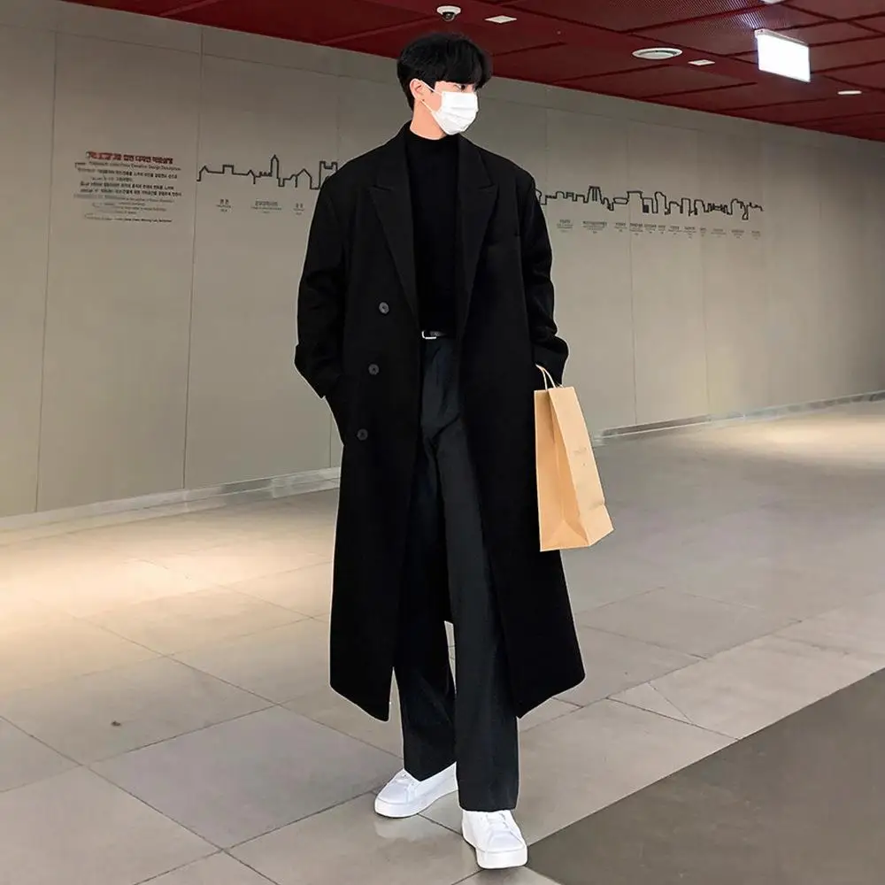 

Men's Winter Thickened Woolen Coat Long Over-Knee Korean Style Loose Windbreaker High-End Feeling Children's Applicable