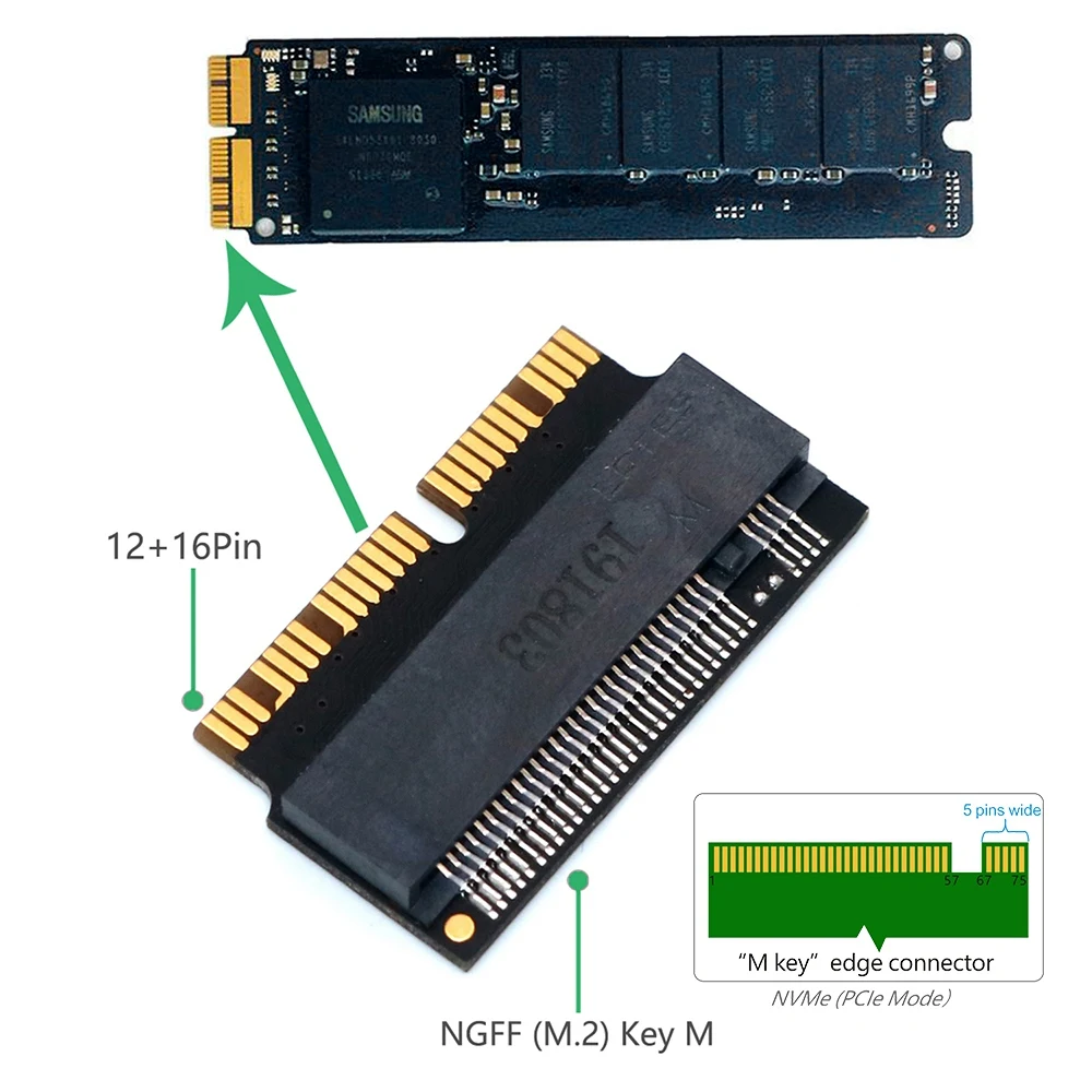 Adaptador convertidor M.2 NGFF AHCI NVMe SSD 12 + 16 pines para adaptador de conversión M.2 NVME SSD 2013-2017