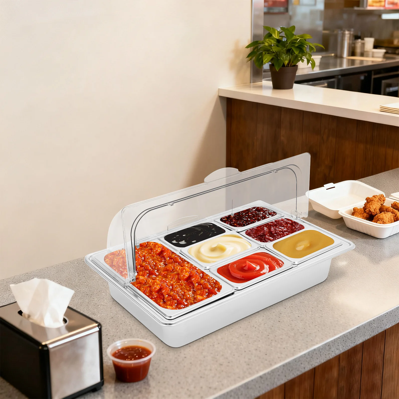 

7-кастрюля Контейнер для сервировки еды, поднос для сервировки еды из нержавеющей стали с прозрачной откидной крышкой, используемый в ресторане, вечеринке