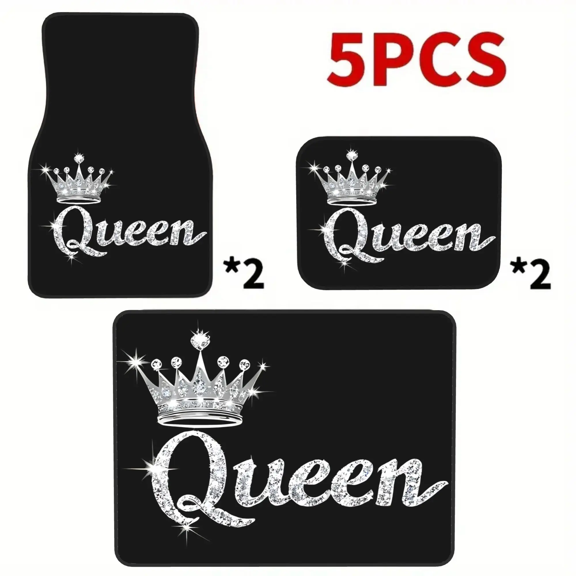 2D Flat Printing 5pcs Rhinestone Queen Crown Letter Printed Car Mats Set (4 Floor Mats + 1 Trunk Mat), Made Of Durable Elegant I
