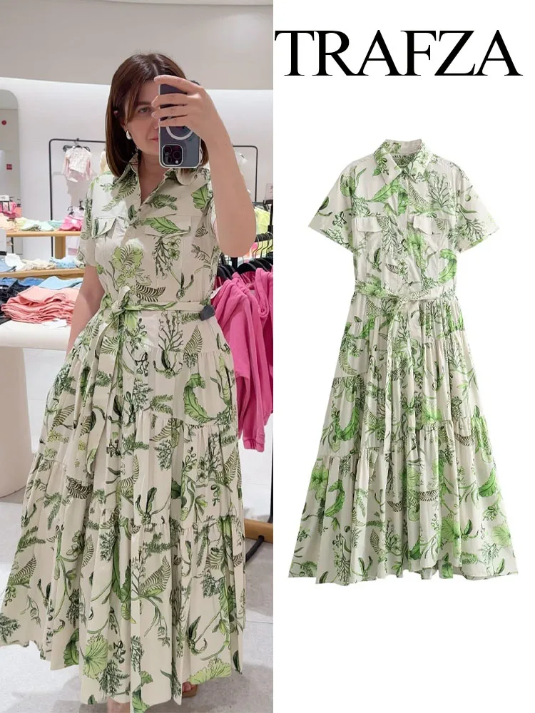 TRAFZA Women Fashion Print Lapel Fake Pocket Buttons Belt Decorate Shirt Dress Female Chic Short Sleeves Folds Slim Long Dress