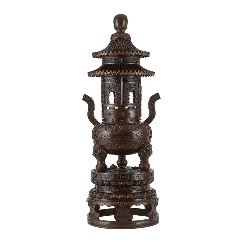 Three-layer antique incense burner floor-to-ceiling copper ornament temple pagoda offering incense utensils