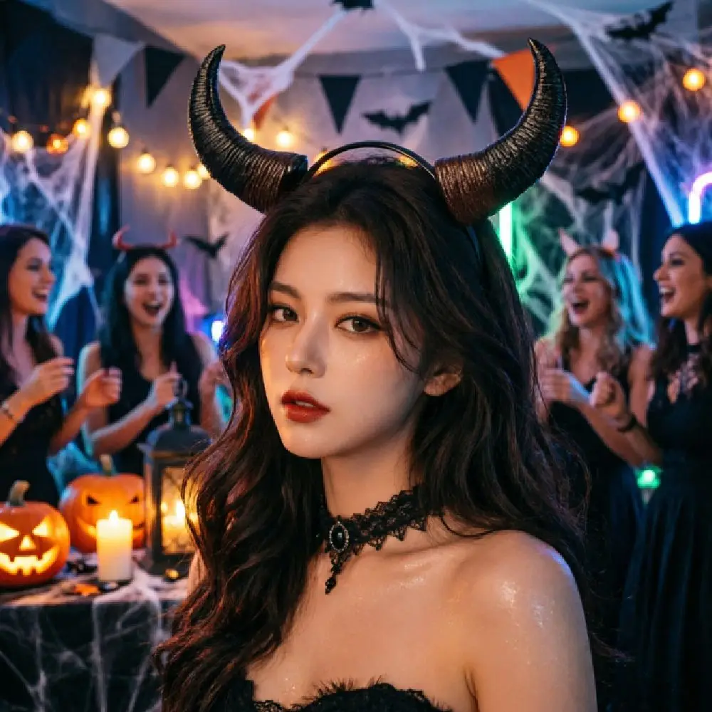 Gothic Demon Horns Headwear Cosplay Dark Style Halloween Devil Headband Decorative Headdress Cow Horn Hair Hoop Carnival Party