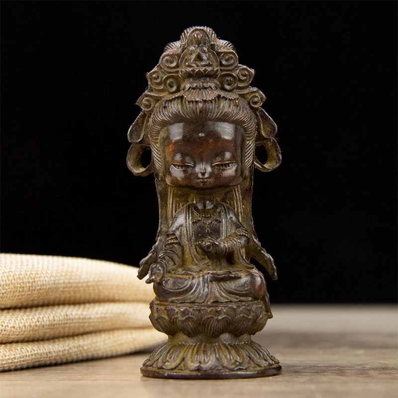 Antique solid lotus flower Guanyin Bodhisattva to ensure safety, home decoration desktop car living room retro ornament