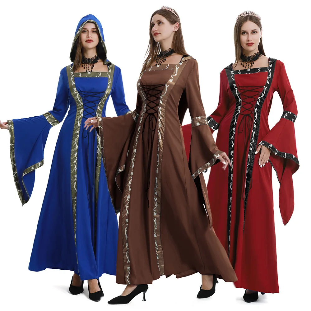 

Halloween Retro Medieval Hooded Dress Square Collar Belted Flared Skirt Stage Performance Costume Women's Ethnic Fashion