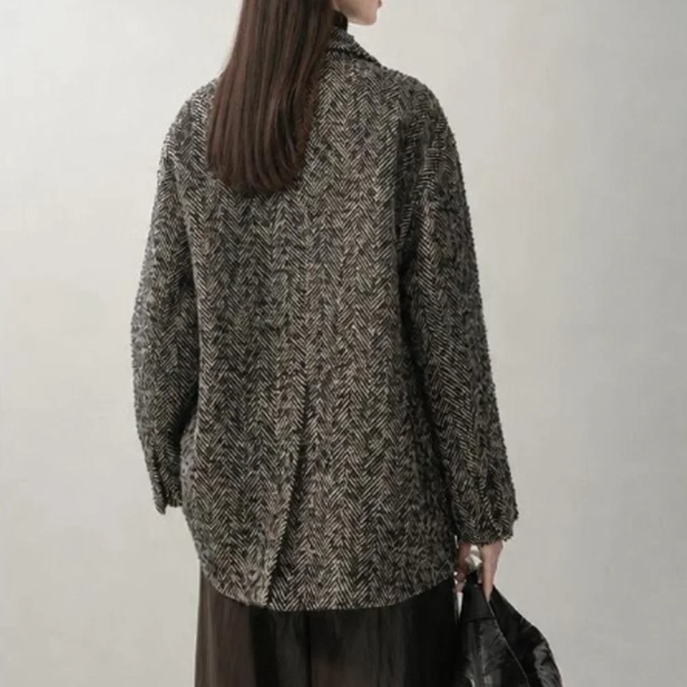 TWOTWINSTYLE Herringbone Spliced Double Breasted Loose Blazer for Women Lapel Collar Long Sleeve Patchwork Button Jackets Female