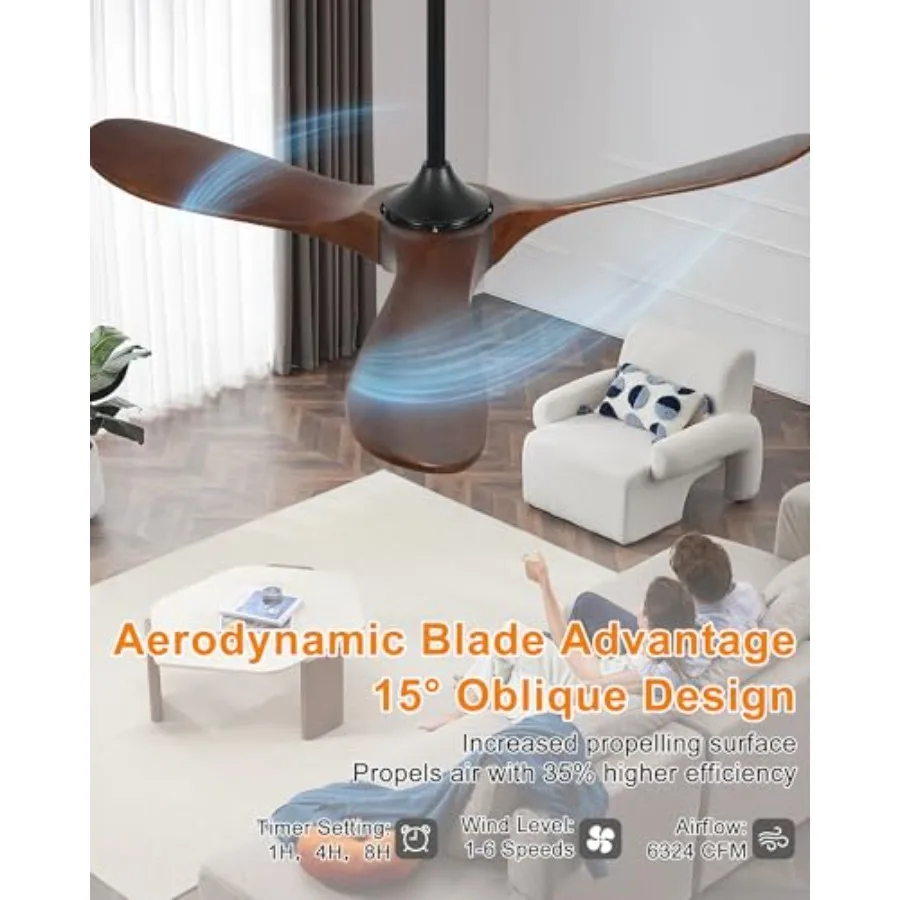 Outdoor ceiling fan for patios and farmhouses, wood material, dark walnut color, high CFM airflow, 3-blade design, smart remote