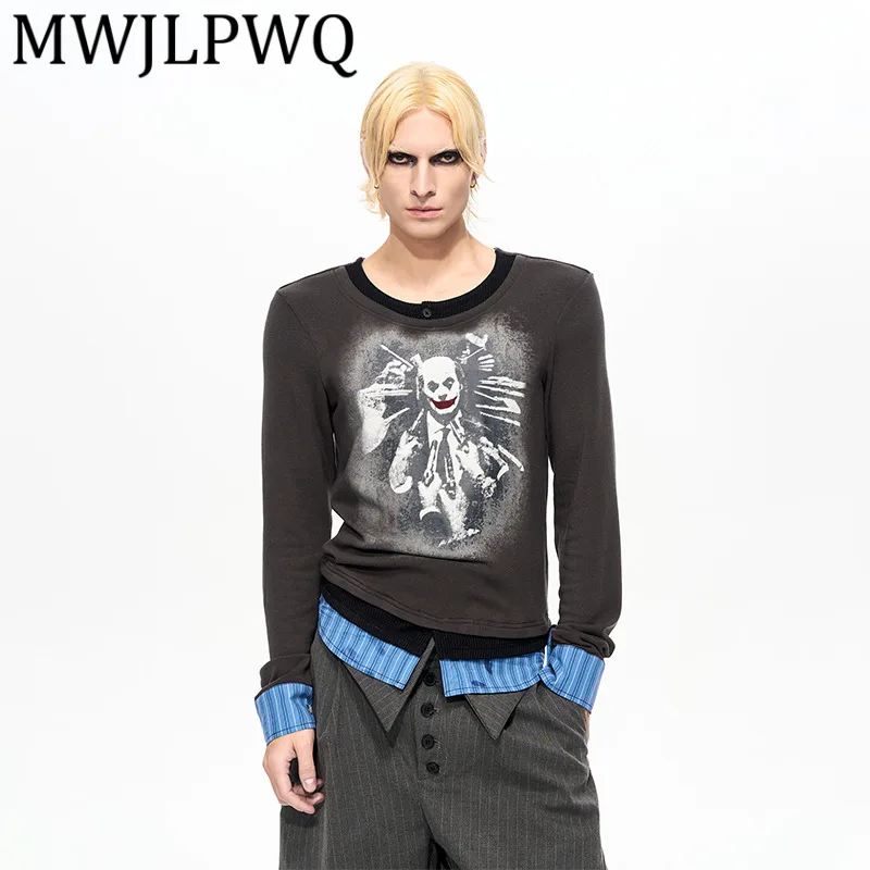 

MWJLPWQ Layered Fake Three-Piece Long Sleeve T-Shirt For Men Autumn Winter Printed High Street Men's New Base Tops Trendy 12759