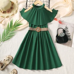 8-12 Years Children Girl Princess Dress Off Shoulder Green Dress with Belt for Kid Girl Summer School Daily Casual A-line Outfit