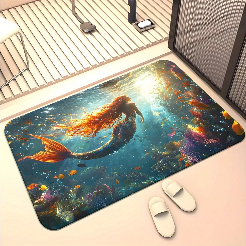

Зачарованный подводный напольный коврик «Русалка» - красочный дверной коврик с изображением океанской сцены для ванной комнаты, спальни, домашнего декора