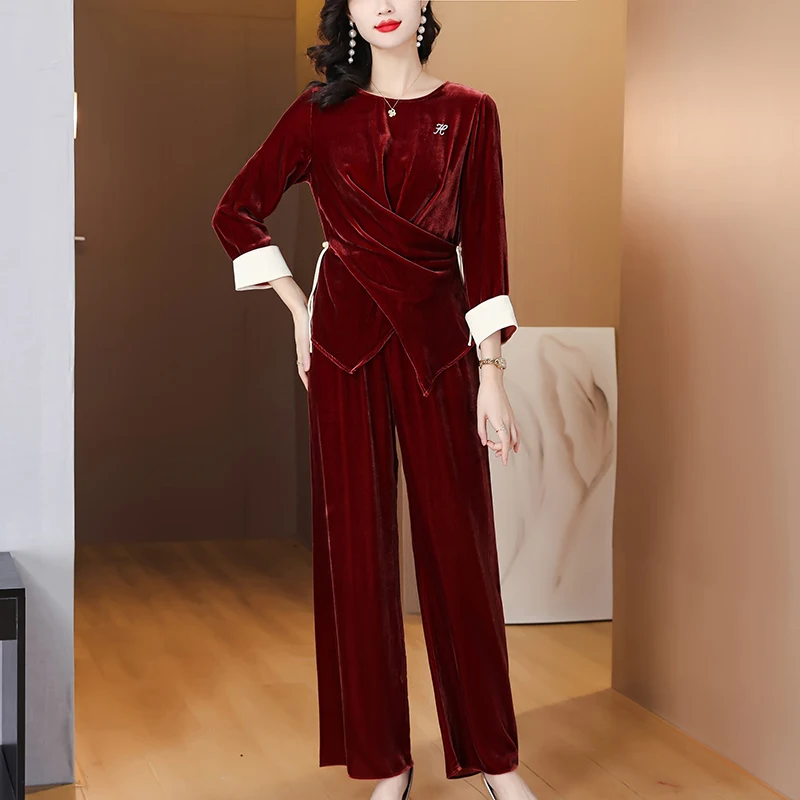 2023 Autumn/Winter New Deep Red Silk Velvet O-Neck Long Sleeve Pants Two Piece Loose Large Slim T-shirt Pants Set