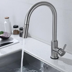 304 Stainless Steel Touch Pull Kitchen Faucet 360° Rotation Two Function Water Outlet Mode Anti-Splash