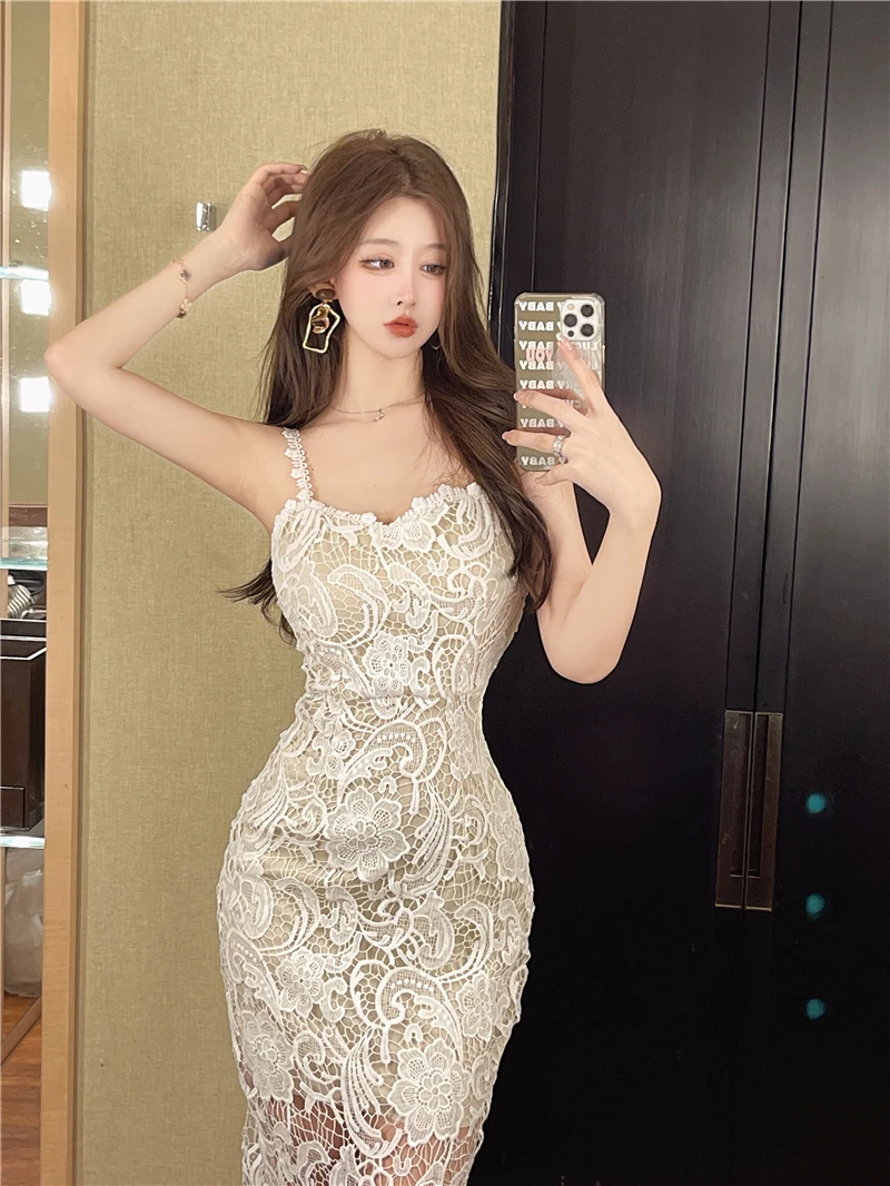 เดรสลูกไม้เว้าลายฉลุ ความยาวปานกลาง ทรงเข้ารูป สไตล์เกาหลี แฟชั่นฤดูร้อน ใหม่ล่าสุดสำหรับผู้หญิง