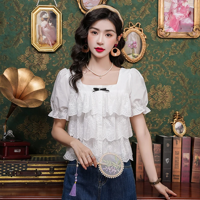 2024 Summer New Korean Edition Ruffle Edge Fashion Small Bow Top Women's T-shirt Short Sleeve