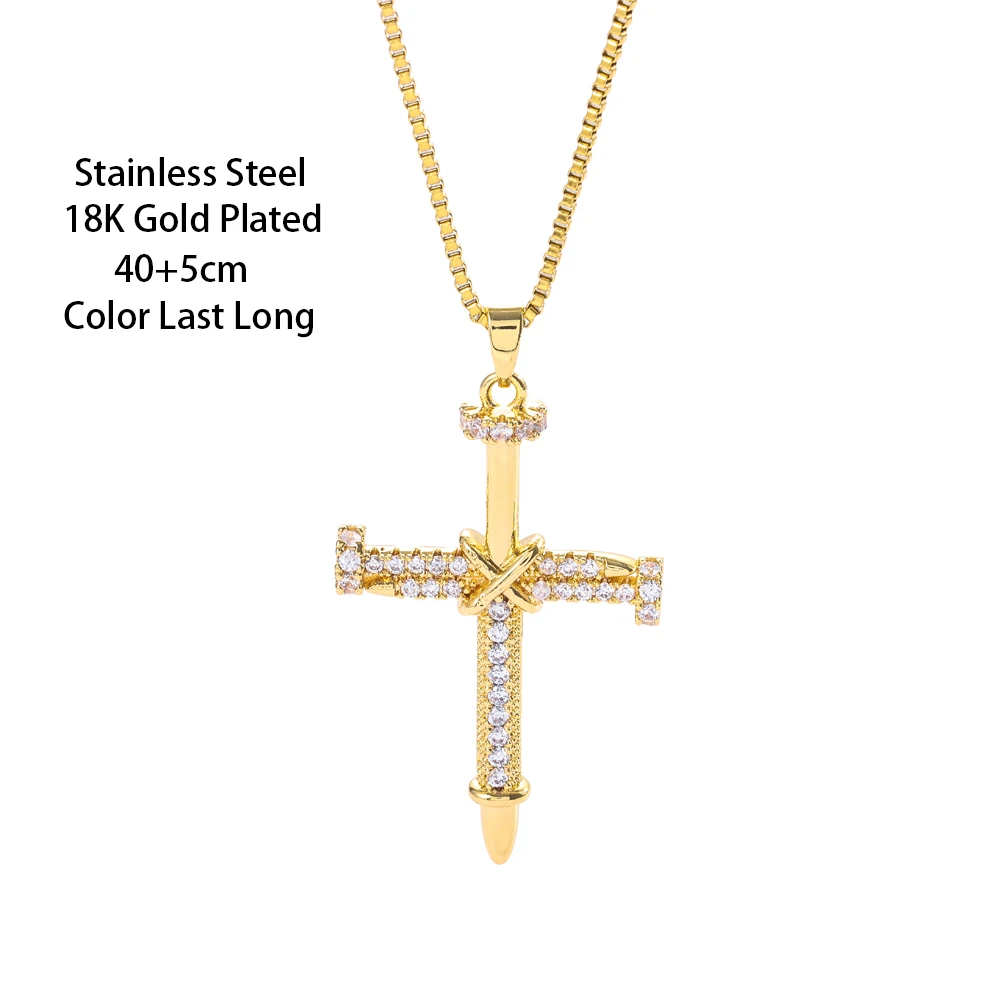 New Zircon Inlay Nail Cross Pendant Necklaces For Women Trendy Punk Style Female Stainless Steel Neck Chain Jewelry Wholesale