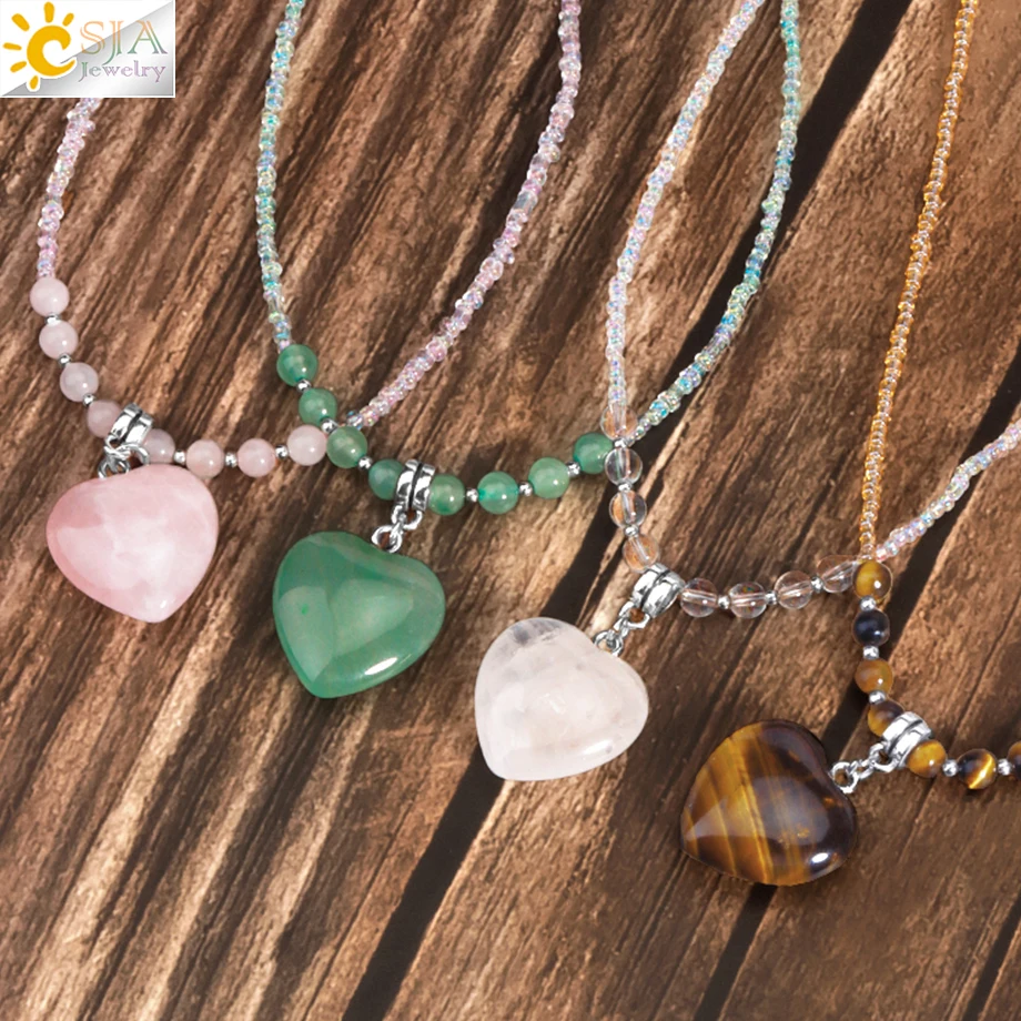 CSJA Pink Quartz Necklace Choker Natural Stone Heart Charm Pendant Mushroom Crystal Beads Necklace for Women Valentine Gift T024