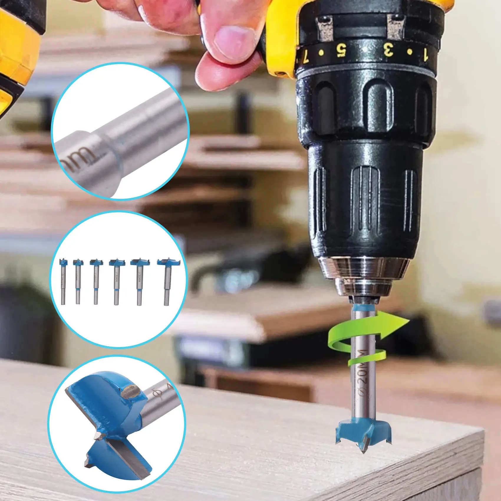 DTA5 Forstner Drill Bit Set,15-40mm 6 Pcs Carbide Forstner Bits High Speed Steel Wood Tool