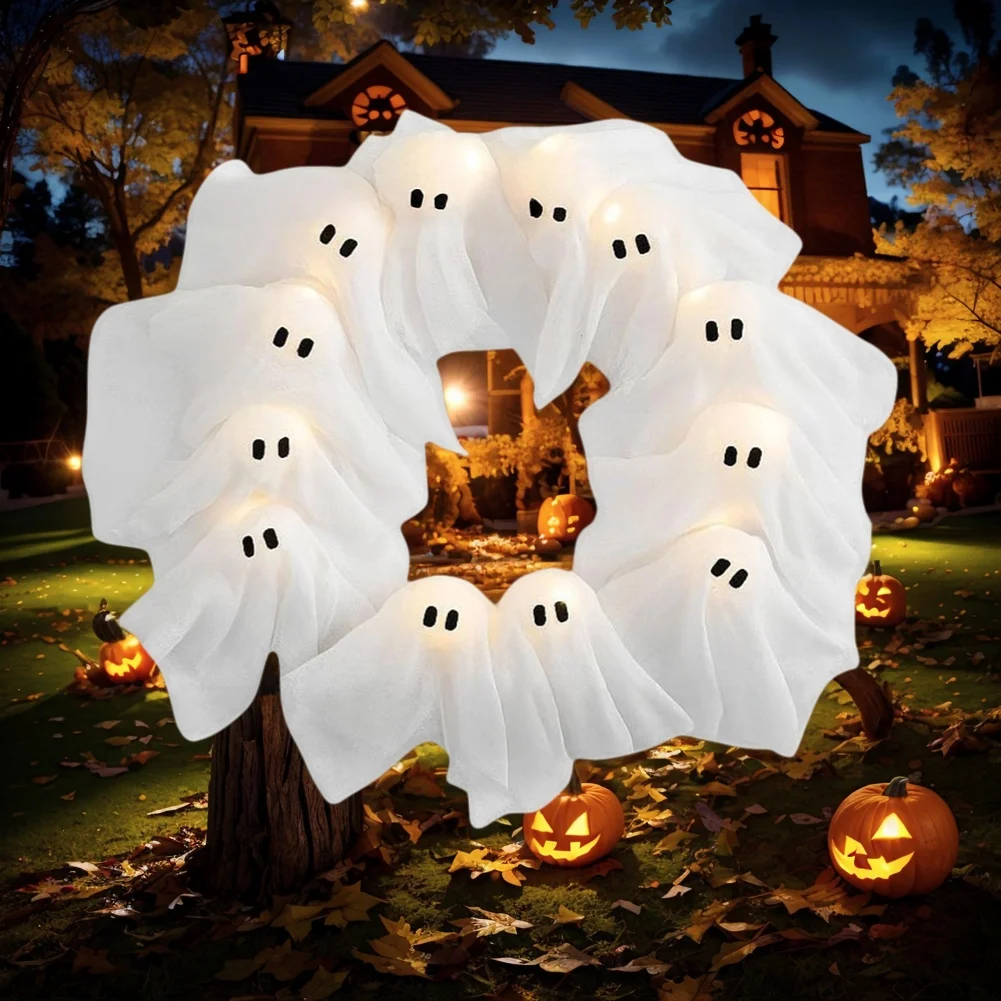 Glowing Halloween Ghost Wreath Weird Decoration for Halloween