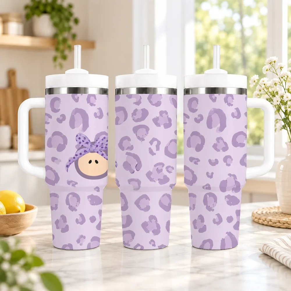 Soft Leopard Gift for Girls Vacuum Flasks 40oz em Aco Inoxidavel com Alca e Canudo, Caneca de Viagem a Prova de Vazamentos