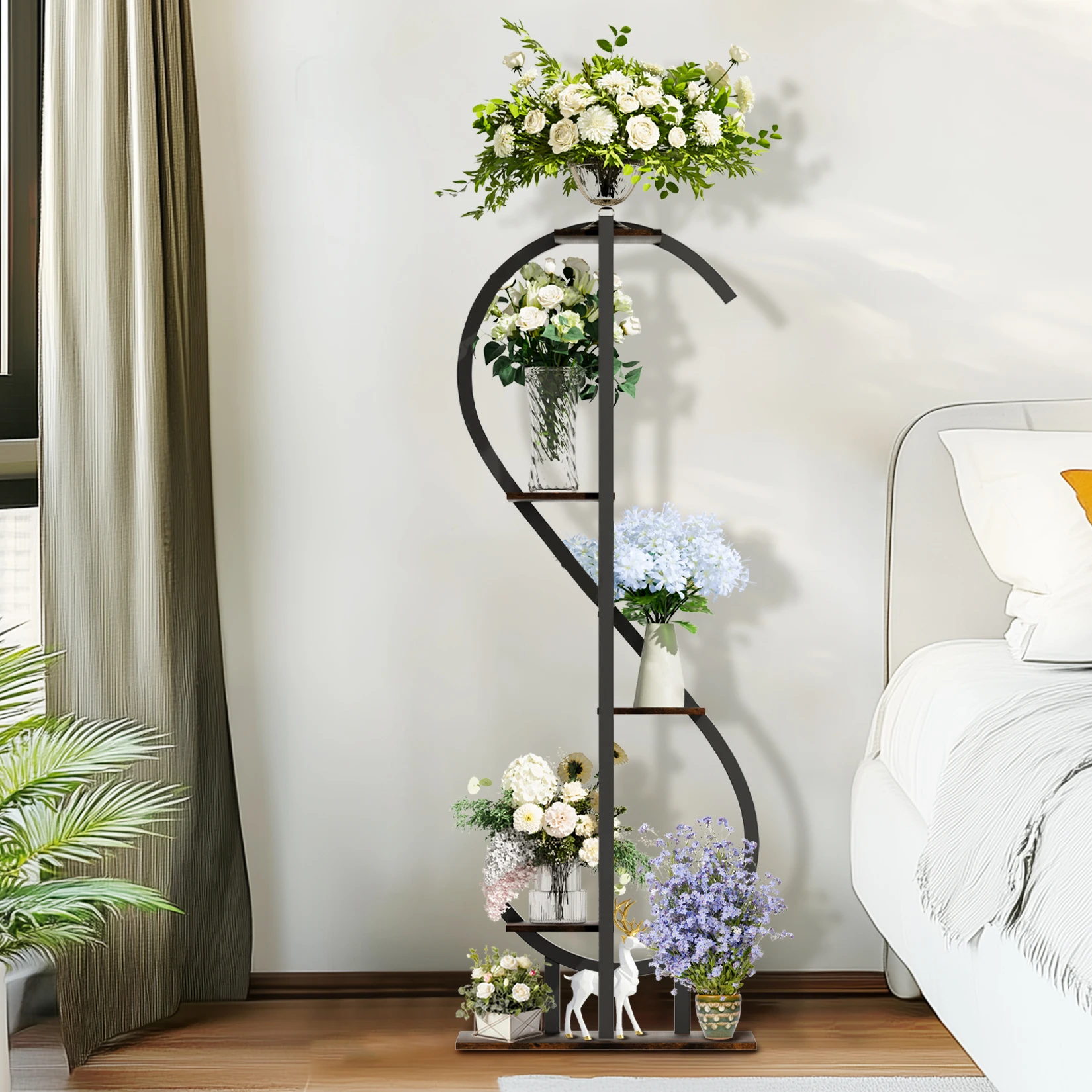 Suporte de planta interna em forma de s de 5 camadas com ganchos pendurados ferramentas de jardinagem prateleira de planta de canto estética para plantas altas multiuso