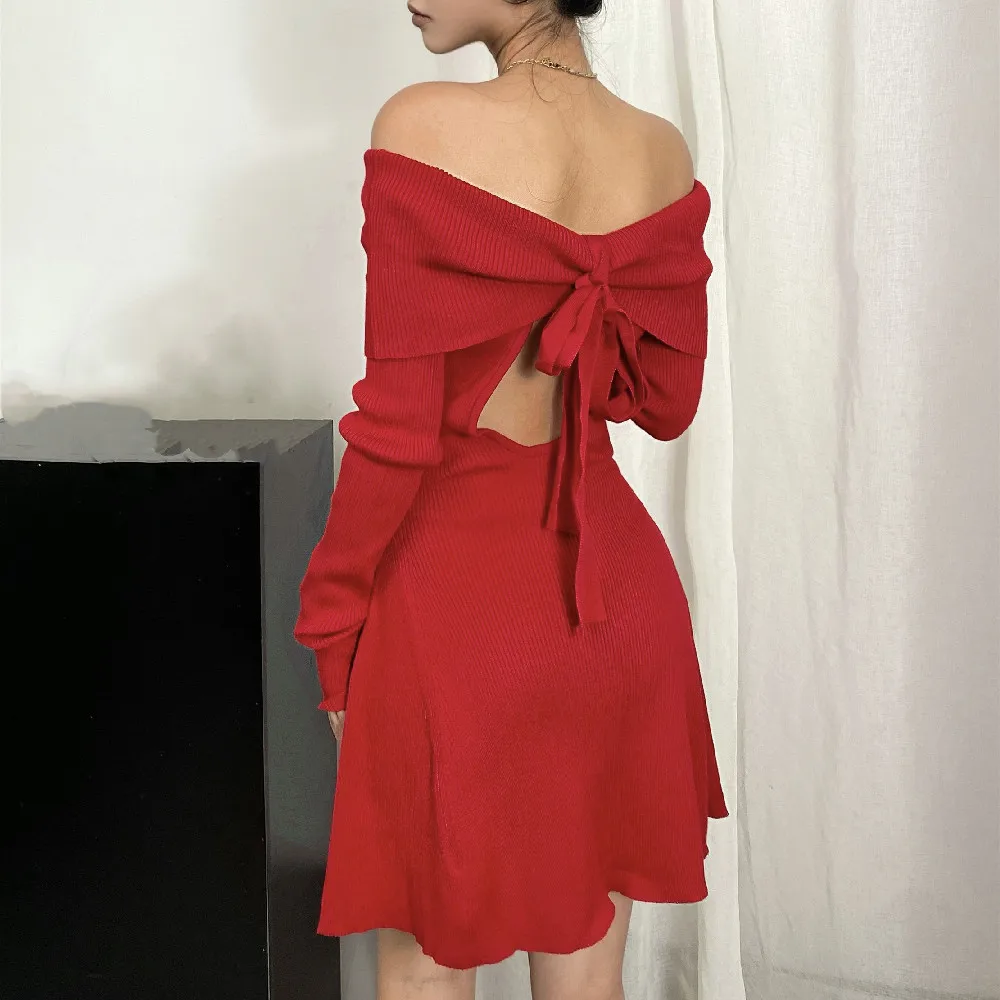 2025 Autumn Sexy Slash Shoulder Knitted Mini Sweater Dress Women Bow Cut Out Back Backless A-line Full Sleeve Robe Knitwear