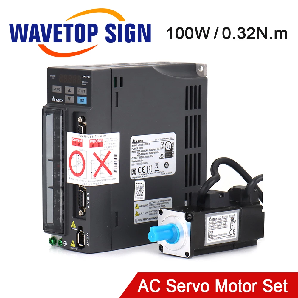 WaveTopSign Stock Delta B2 100W AC Servo Motor Kits 3000RPM 0.32N.m ASD-B2-0121-B + ECMA-C20401GS
