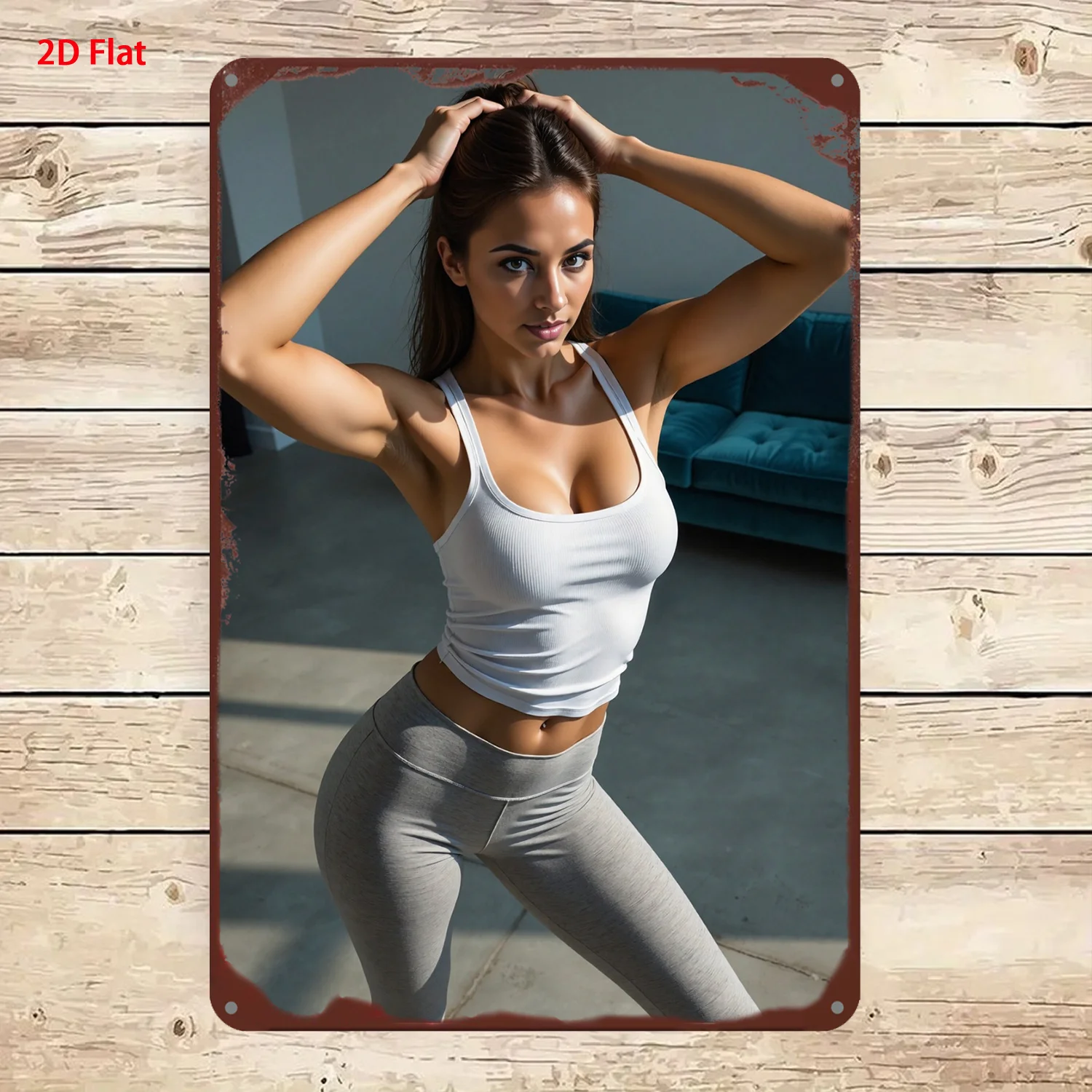 Plaque en métal vintage, motif femme brune en débardeur blanc et leggings gris, thème entraînement intérieur, finition effet rouillé