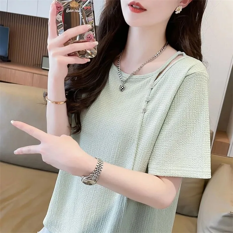 Women's Cut-out Short Sleeve T-shirt Loose Casual Knit Summer Top Available
