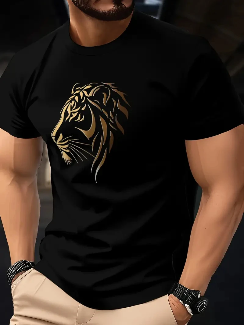 Simple Lion Print T-shirt For Men 2025 New Casual Men's Clothing Comfortable Breathable Crew Neck Short Sleeve Tee Plus Size