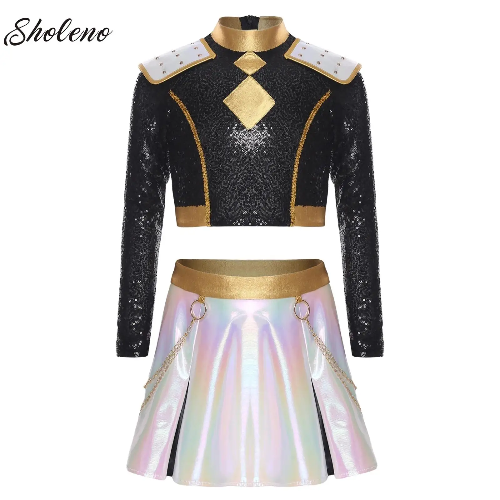 

Girls Demon Singer Leader Dancewear 2 Piece Set Sequins Crop Top with Shorts/Skirts Concert Outfit Demon Inspired Singer Costume