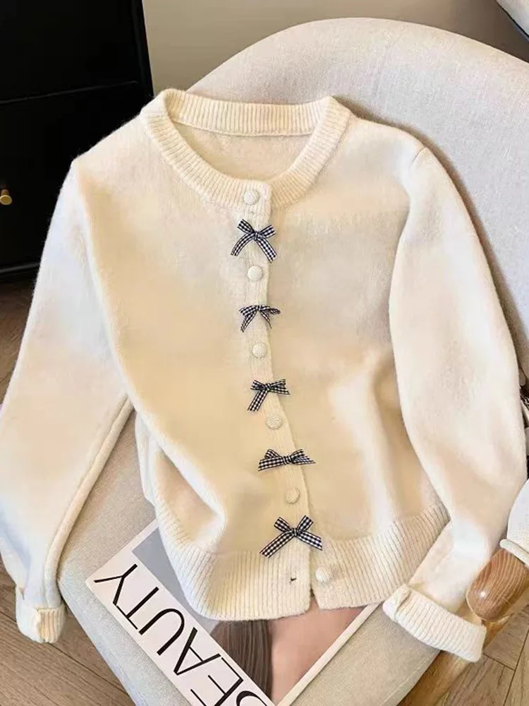 

Винтажный милый женский кардиган с милым бантом, вязаный свитер с длинным рукавом и ленивым ветром, повседневные свободные осенние топы в консервативном стиле с круглым вырезом