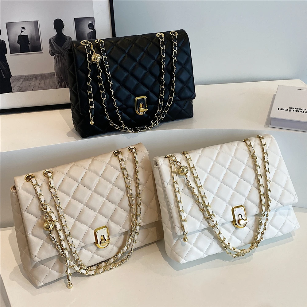 Hifashion Quilted PU Leather Double Chain Shoulder Bags For Women 2024 Trend Designer Crossbody Flap Ladies Handbags And Purses